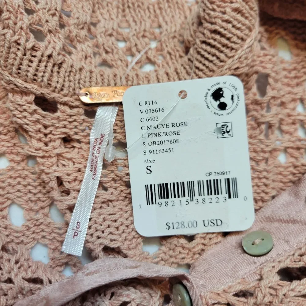 Free People Pointelle Pullover Mauve Rose Pink Crochet Button Up Women's Top NEW